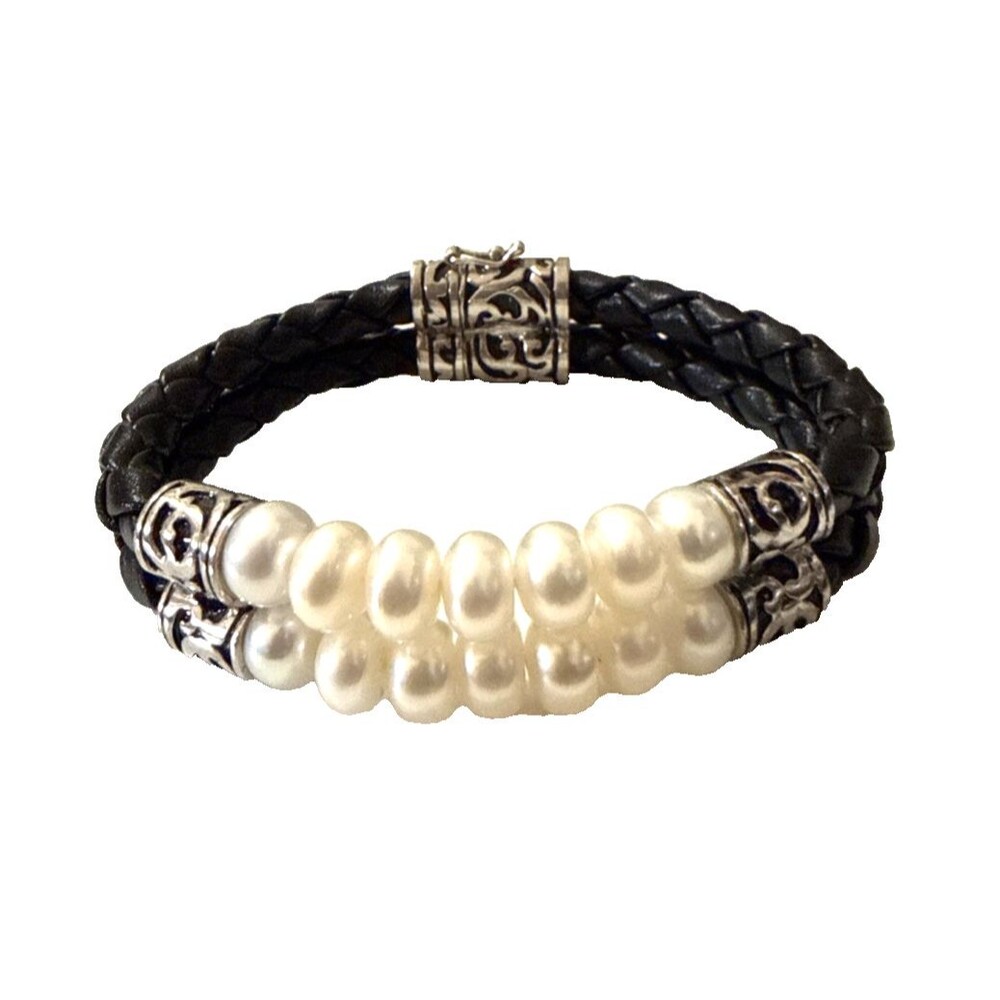 HONORA Genuine Pearl Leather Bracelet Silver Plated Double Black Braided 7.5